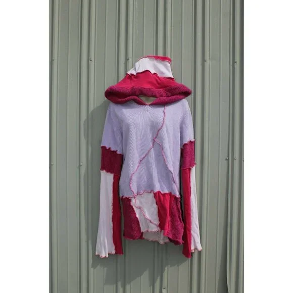 Upcycled Sweater Pink Red LL Bean Heavy XL/XXL 23" Bust Hooded Elven Fairy Boho - Picture 2 of 12